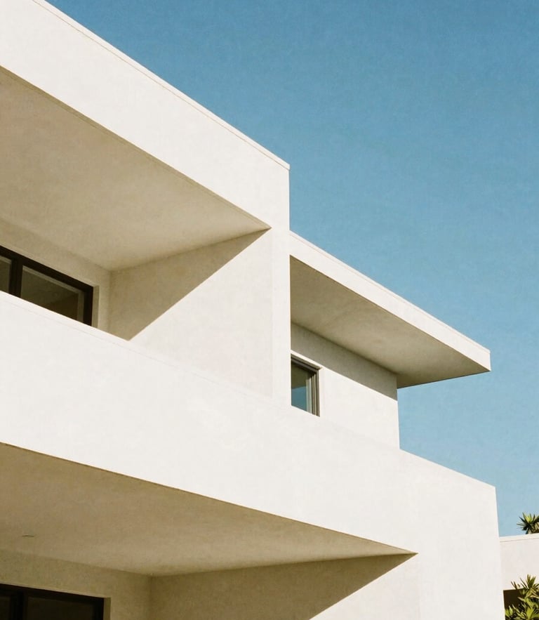 Minimalist architectural detail of a modern Sarasota estate, clean white concrete lines against a bright blue sky, soft geometric shadows, 35mm lens