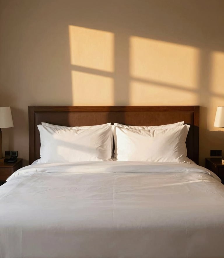Straight-on medium shot of a neatly made deluxe hotel bed with crisp white linens, warm golden-hour window light reflecting on beige walls, professional hotel photography