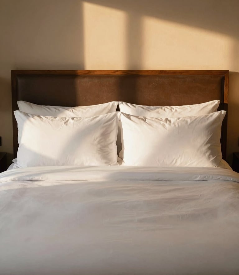 Straight-on medium shot of a Deluxe Room bed with crisp white linens, fluffy pillows, soft golden-hour window light, warm beige and brown tones