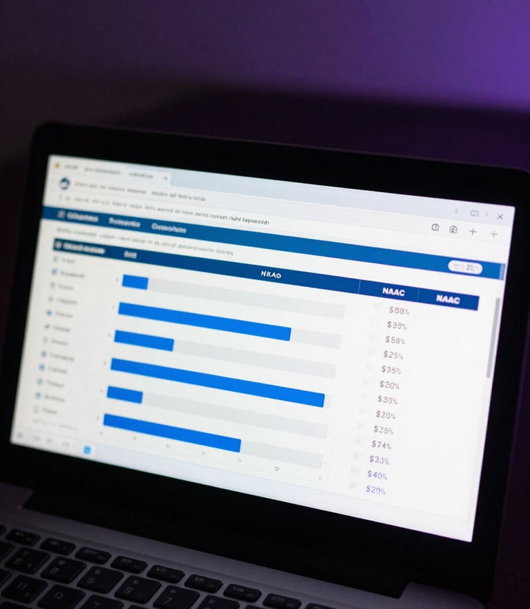 Cool-toned macro shot of a clean, high-fidelity digital dashboard showing college application tracking, progress bars, and verified NAAC grades, soft purple ambient backlighting.