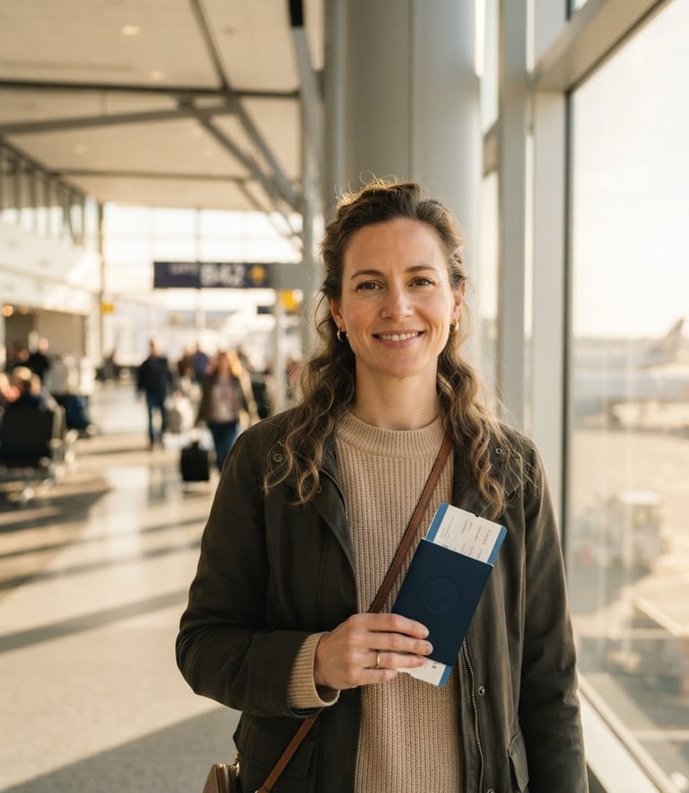 A calm traveler in a modern, sunlit airport terminal holding a passport and boarding pass, clean architectural lines, warm gold sunlight, shallow depth of field