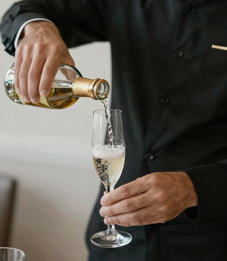 Close-up of a waiter in a minimalist black uniform pouring champagne into a crystal flute, soft side lighting, elegant atmosphere.