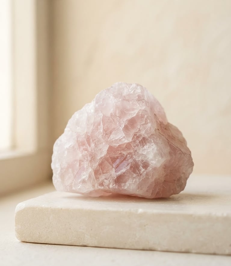 A raw rose quartz crystal specimen sitting on a minimalist light stone plinth, soft morning window light, cream background, macro mineral detail.