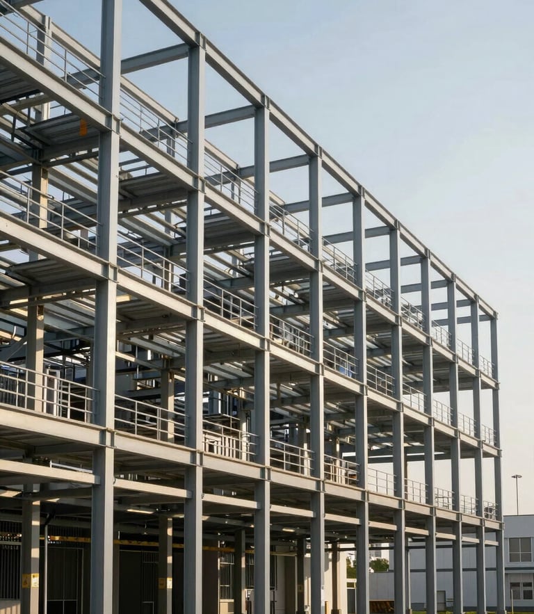 A wide straight-on architectural elevation of a steel-framed building structure under crisp morning daylight, clean lines, high contrast.