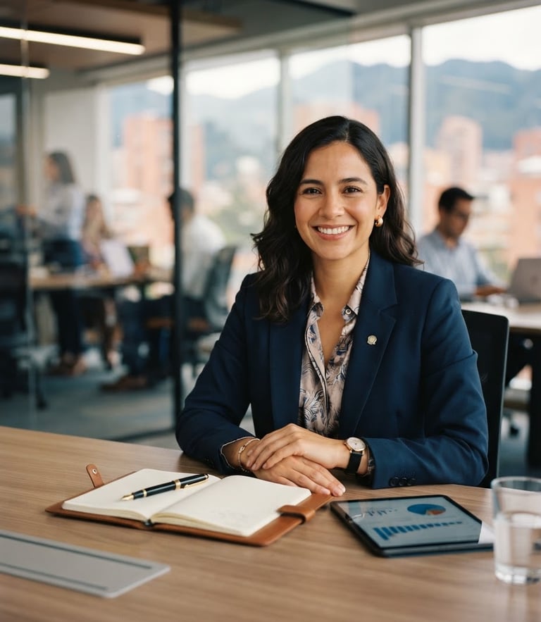 A professional financial advisor smiling warmly in a modern corporate office in Bogotá, soft natural daylight, shallow depth of field, 35mm