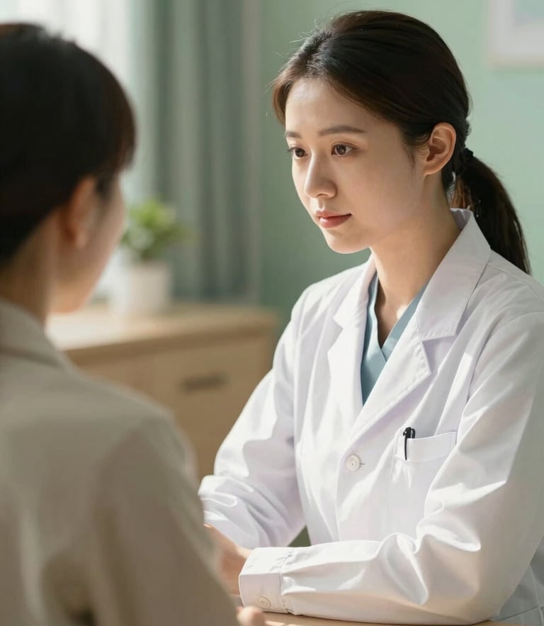 A serene close-up of a professional practitioner in a clean white coat consulting with a patient in a warm, sunlit clinic, soft natural daylight, calming jade and sand tones, elegant depth of field, 35mm