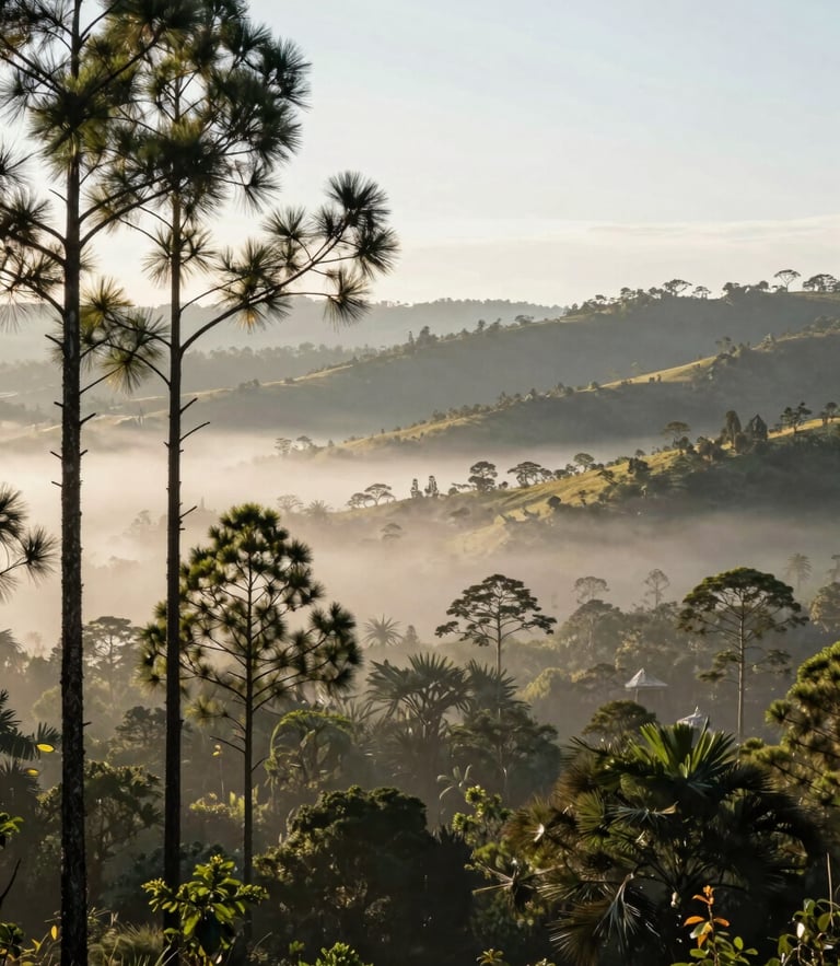 Wide panoramic highland forest in Coclé at morning mist, tall pines framing the left third, soft diffused light, rolling hills in the distance.