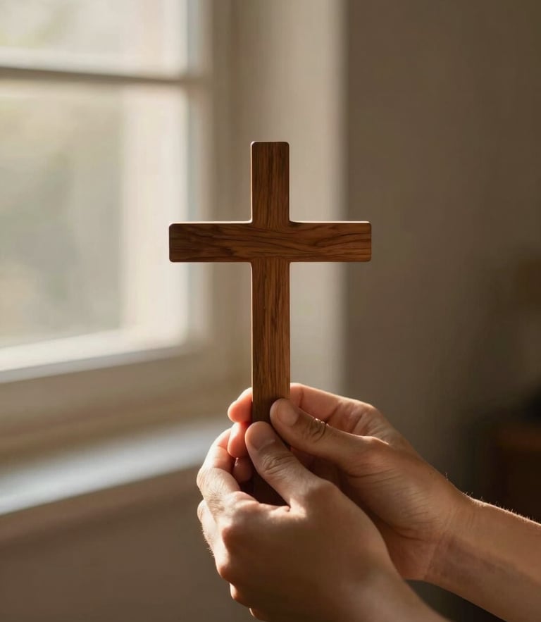 A quiet, warm editorial photograph of soft morning light streaming through a window onto hands holding a wooden cross, shallow depth of field, 35mm