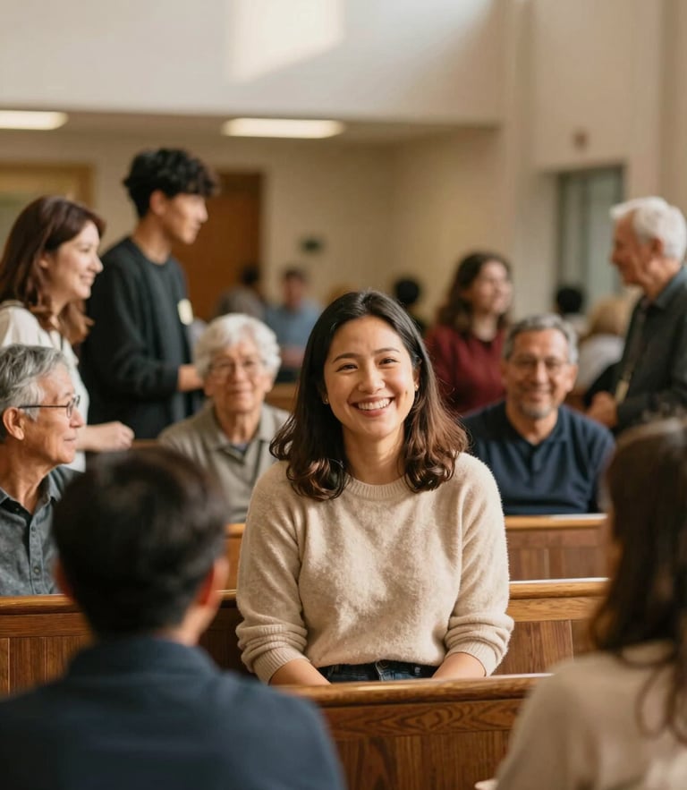 Warm editorial photography of a welcoming church lobby with natural golden-hour light, diverse families smiling and talking in the background, shallow depth of field, 35mm