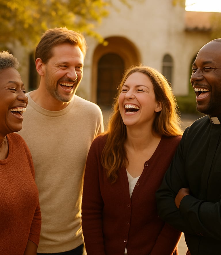 A warm environmental portrait of diverse church members laughing together in a sunlit courtyard, golden-hour light, shallow depth of field, 35mm