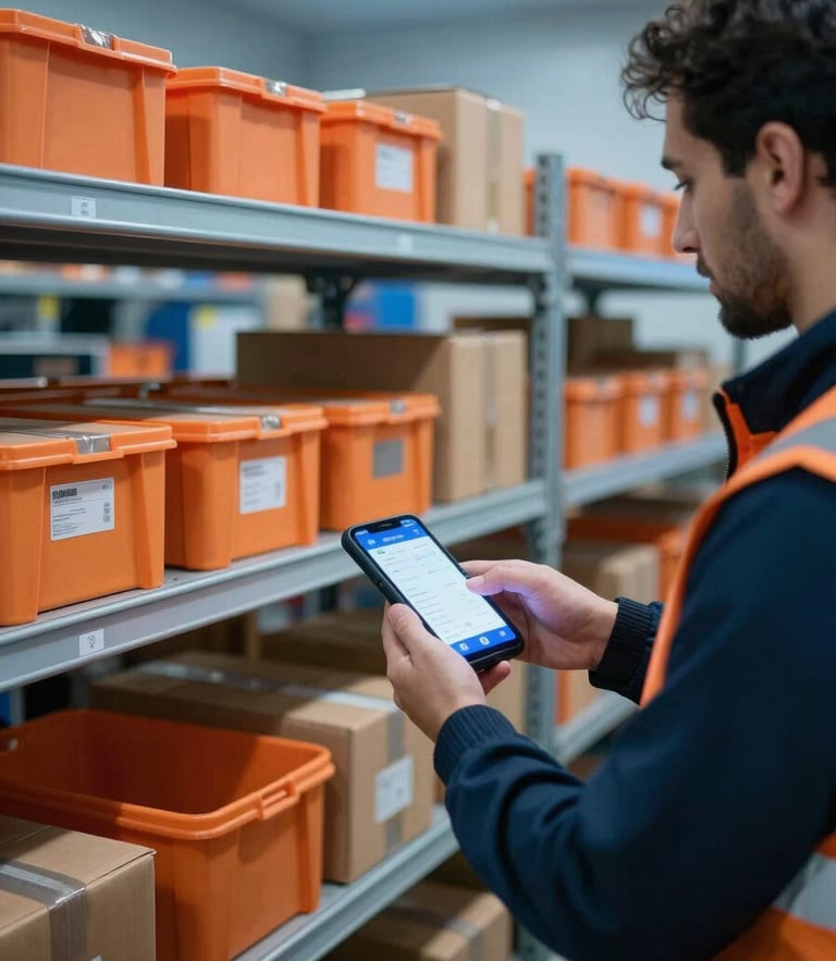 An organized high-tech fulfillment hub in Algiers under cool blue lighting, with safety orange sorting bins and a delivery agent scanning a package with a glowing mobile app screen.