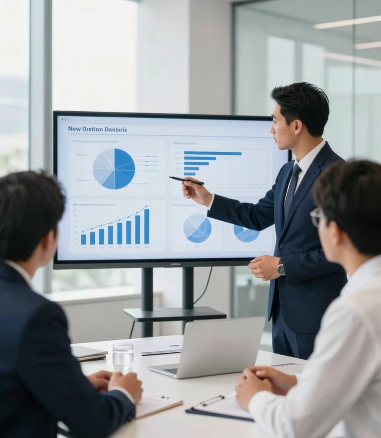 A professional strategic planning session in a modern New Delhi corporate office, bright natural daylight, team members analyzing charts on a digital screen, crisp white and deep navy tones, shallow depth of field