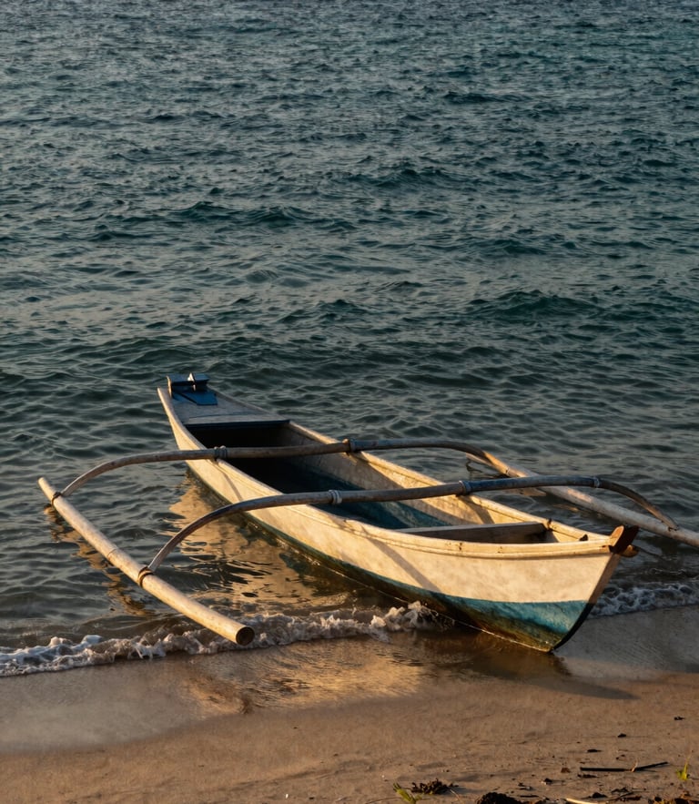 A traditional wooden fishing boat (perahu nelayan) resting on the sandy shores of Kuala Batee, Southwest Aceh, captured during golden hour with warm sunlight reflecting on the gentle waves.
