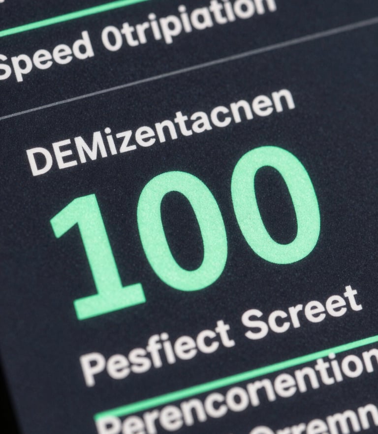 Macro extreme close-up of a web speed optimization report showing a perfect 100 score, clean monospace font, dark slate interface with neon cyan highlight lines, sharp focus.