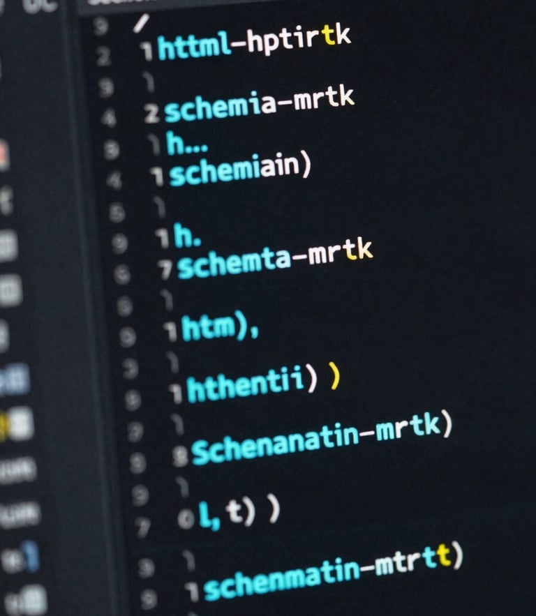 Macro crop of a clean semantic HTML and Schema markup code editor interface on a dark screen, glowing electric cyan highlights, technical editorial style.