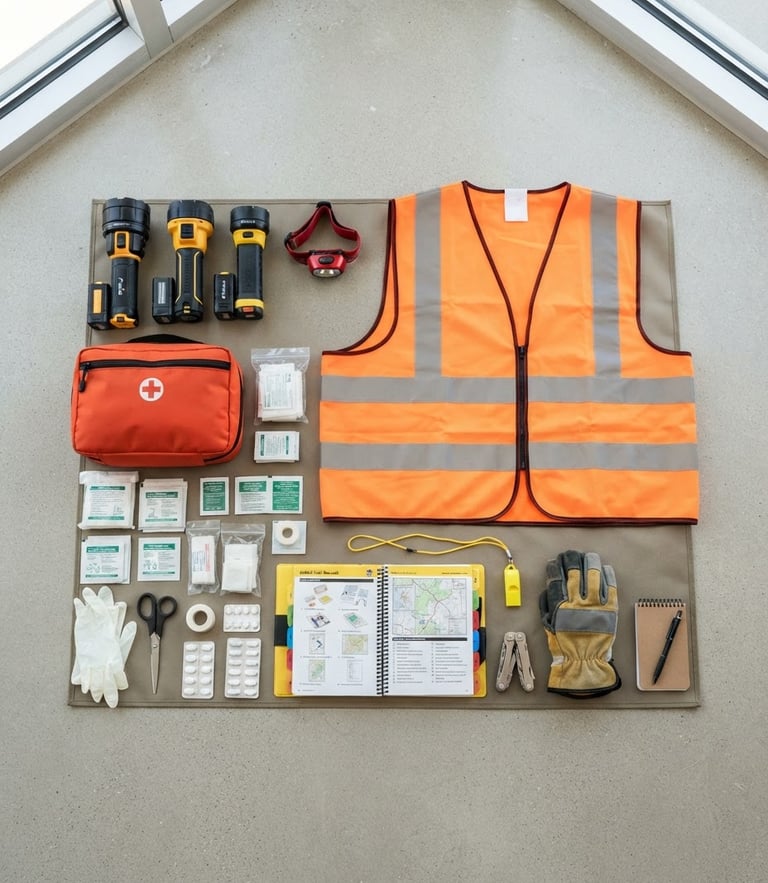 Organized emergency response kit laid out flat on a clean surface, including high-visibility vests, flashlights, first aid supplies, and official manuals, bright natural light, sharp focus