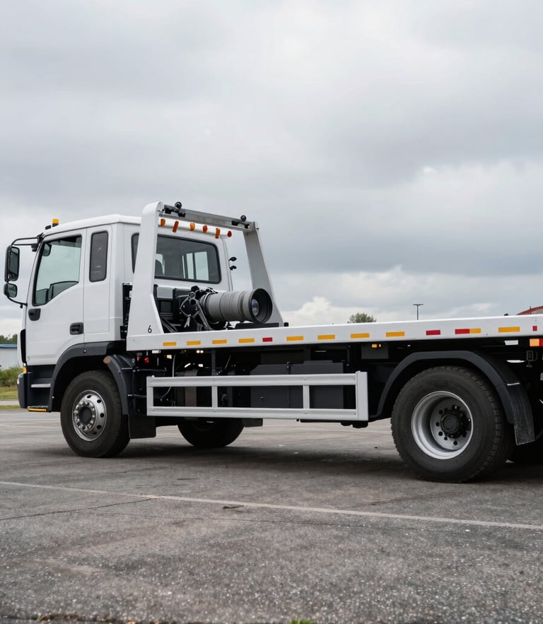 Side profile of a clean flatbed tow truck parked on an asphalt yard under overcast grey skies, sharp focus on the hydraulic ramp, 35mm lens