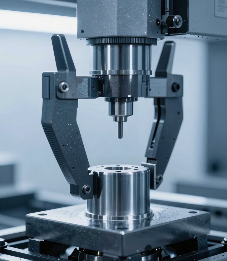 Close-up of a high-precision CNC machine operator calibrating a steel component under cool blue industrial lighting, sharp focus, high-contrast.