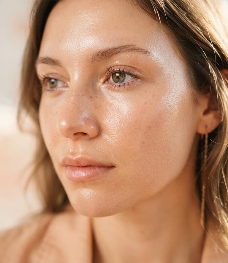 Clean editorial photography, soft warm morning light, dewy skin textures, pastel peach and cream tones, macro 35mm