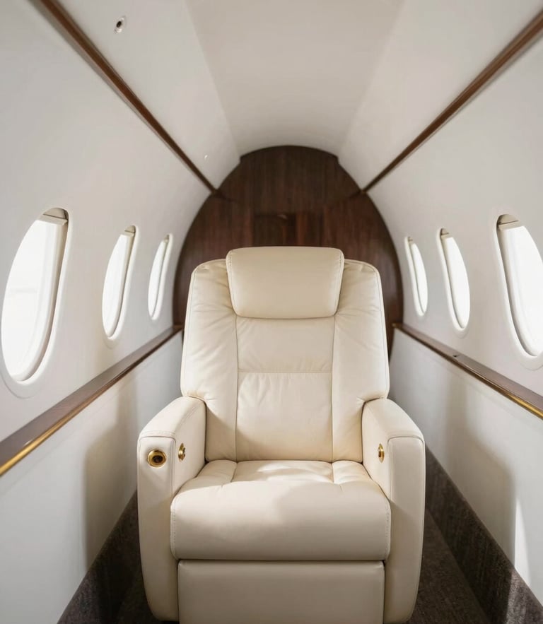 Minimalist private jet cabin interior in soft natural daylight, cream leather seats, gold accents, high-key editorial photography, 35mm
