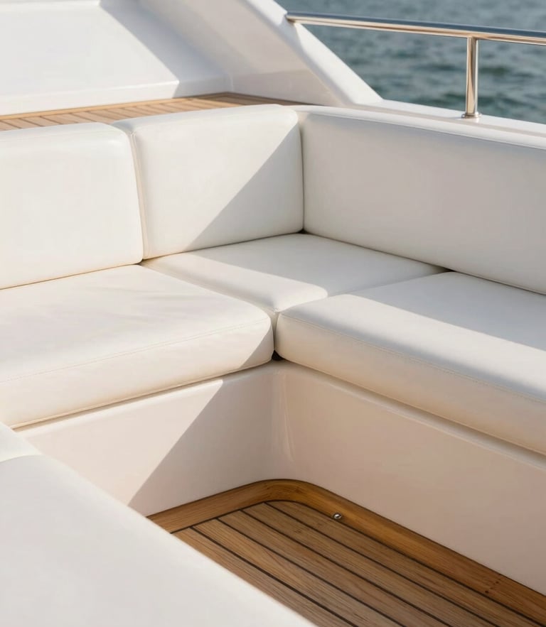 Sun-drenched minimalist luxury yacht deck, white leather seating, polished teak wood, golden hour light, 35mm editorial photography