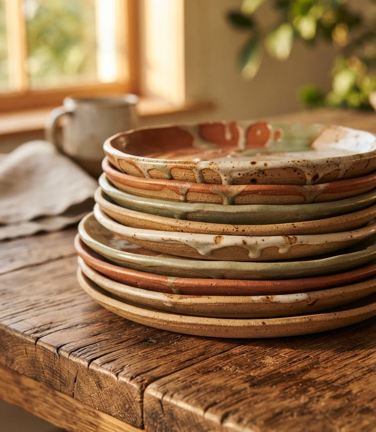 A stack of colorful hand-thrown ceramic plates with dripped glazes of terracotta and sage green, sitting on a rustic wooden table in golden-hour window light, warm editorial style, 35mm