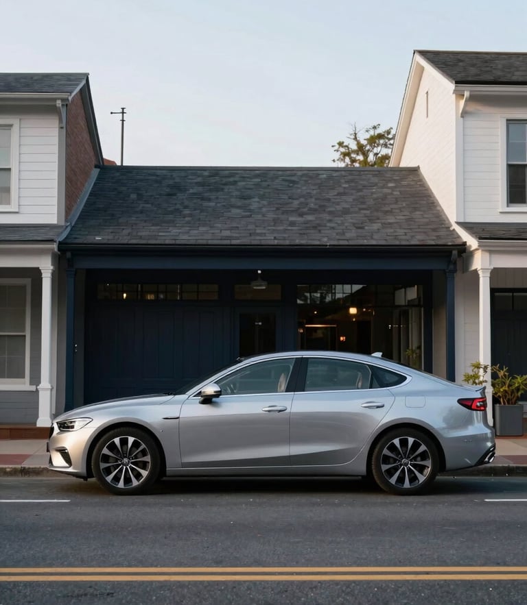 A clean modern silver sedan parked on a quiet street in historic Augusta, soft morning daylight, wide environmental framing, 35mm