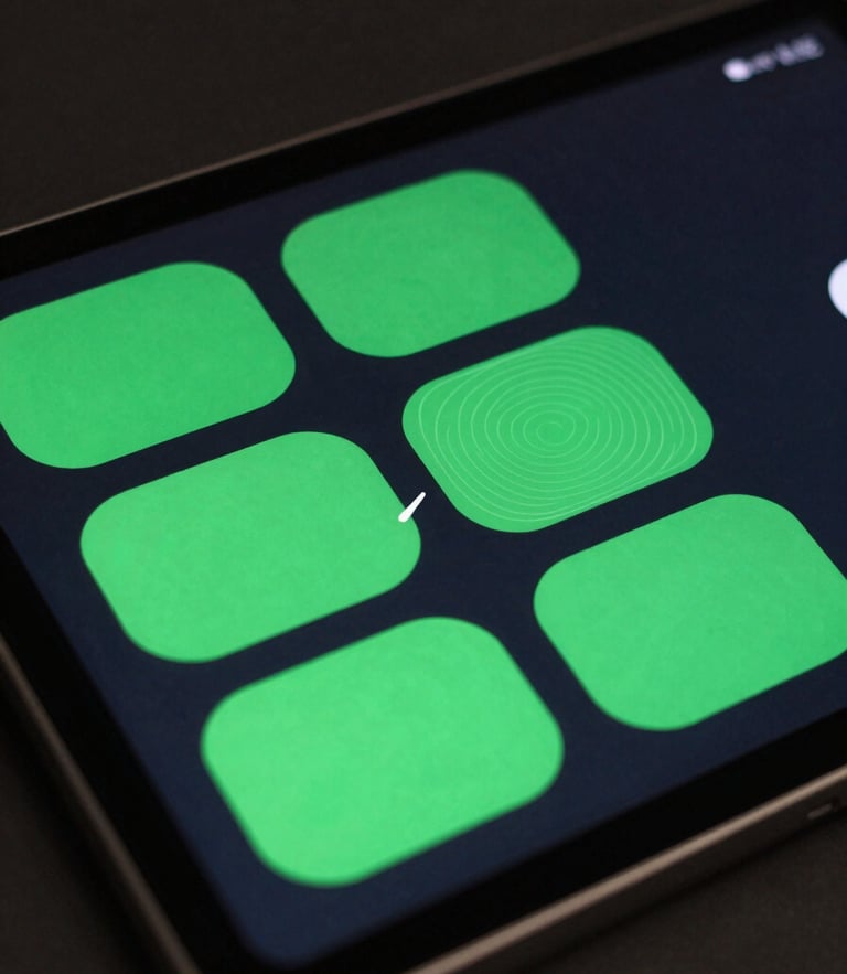 High-fidelity mockup of a child-friendly Android app interface on a tablet, displaying large rounded buttons with active touch-target wireframes highlighted in vibrant green, dark background