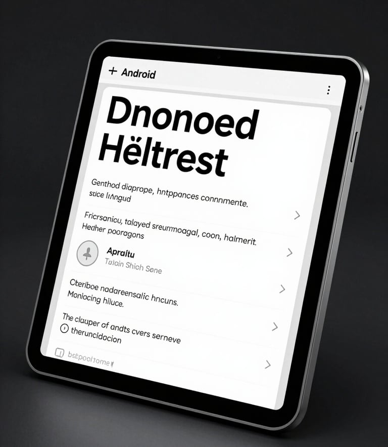 A high-fidelity Android tablet mockup displaying a high-contrast, large-font medical interface designed for seniors, sharp emissive screen glow, dark studio setting