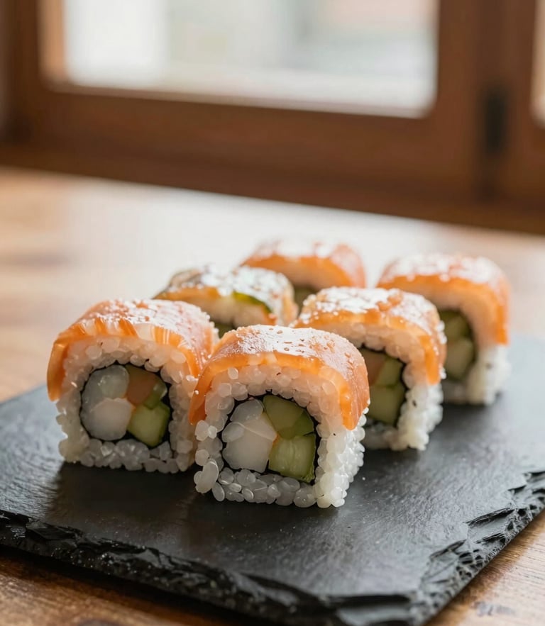 Warm editorial food photography of freshly rolled sushi on a dark slate plate, soft natural window light, shallow depth of field, 35mm