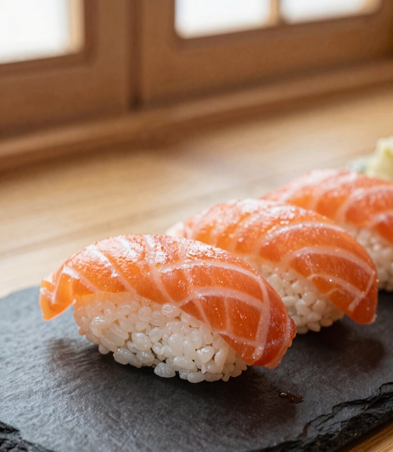 Macro shot of freshly rolled salmon nigiri sushi on a dark slate plate, warm bamboo tones in background, soft natural window light, shallow depth of field, 35mm