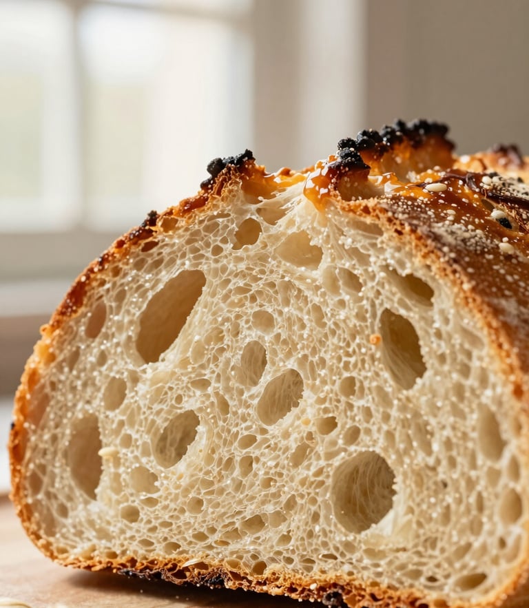 Macro close-up of a sliced sourdough loaf, open airy crumb structure, glistening caramelized crust, soft morning window light, warm oat-cream background