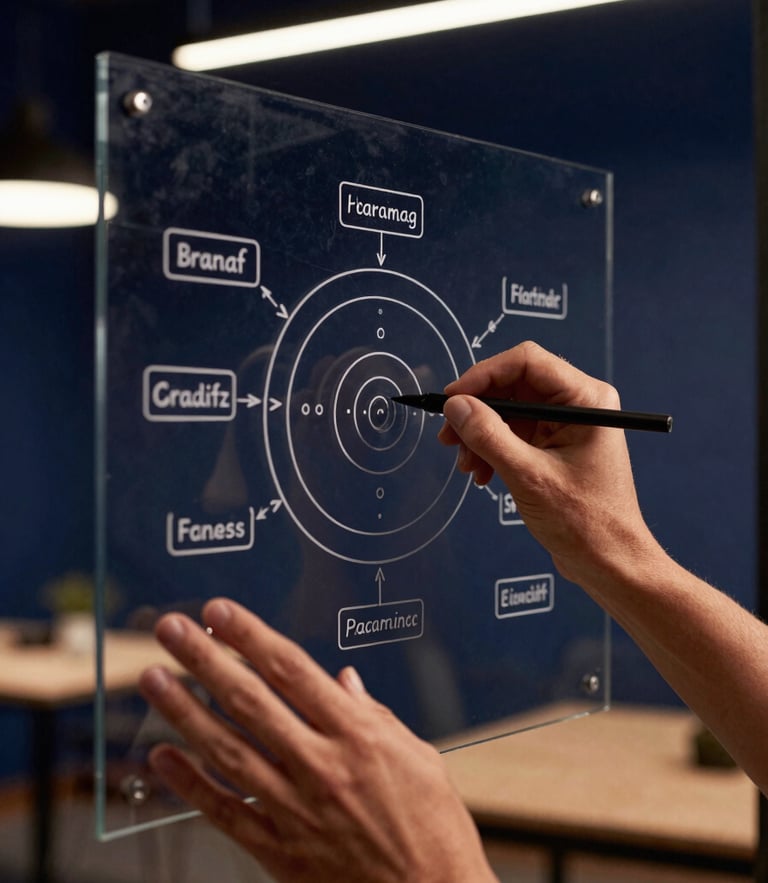 Close-up of a designer's hands mapping out a brand grammar diagram on a clean glass board, warm editorial lighting with deep navy and indigo ambient tones, sharp focus, high contrast, modern architectural workspace background, 35mm photography