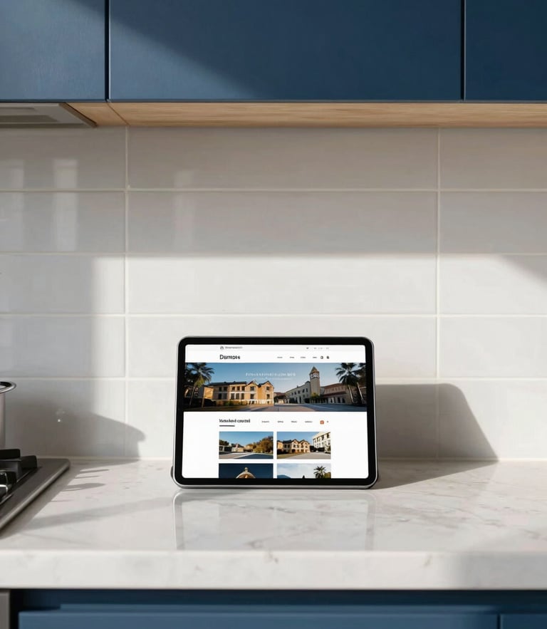 Architectural straight-on shot of a modern San Antonio kitchen with clean tile lines and bright natural daylight, showing a tablet on the counter with a clean website layout.