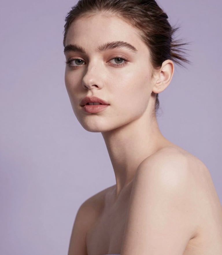 Elegant high-fashion portrait of a young woman looking confidently at the camera, soft bone background, diffused studio lighting with subtle lilac shadows, 85mm lens