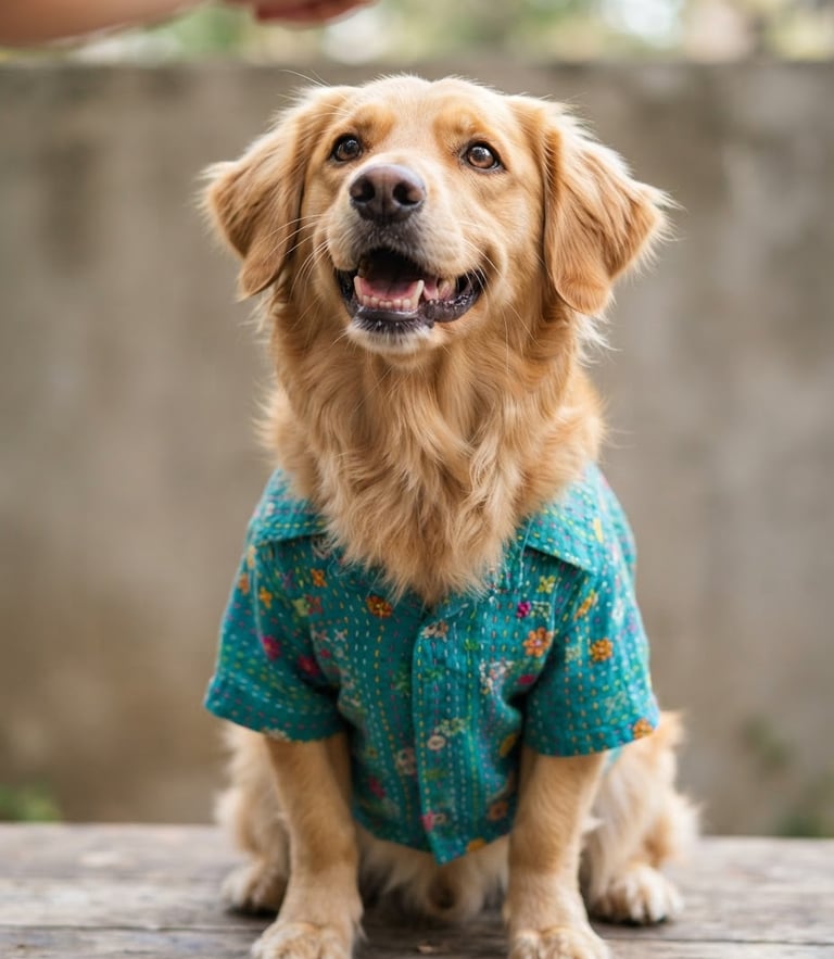 Bright cheerful dog looking up happily, wearing a colorful handmade teal shirt, natural daylight, soft gray background, eye-level framing