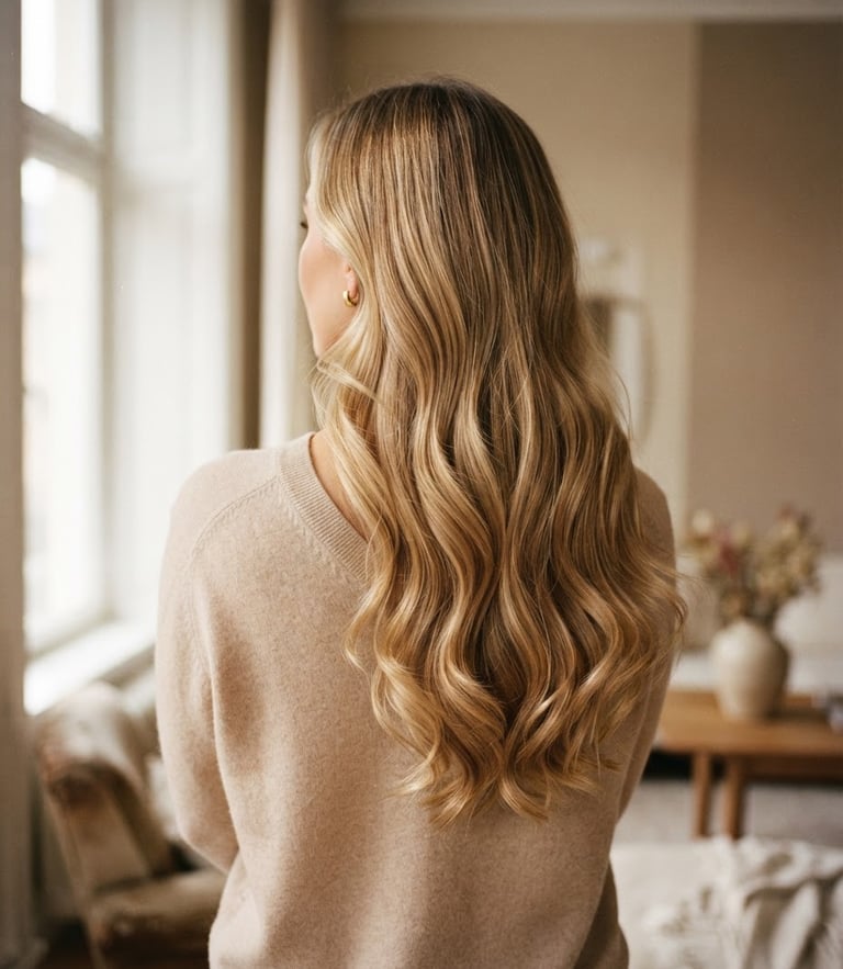Rear view of a soft blonde balayage on long wavy hair, elegant styling, warm-toned editorial photography, shallow depth of field, 35mm