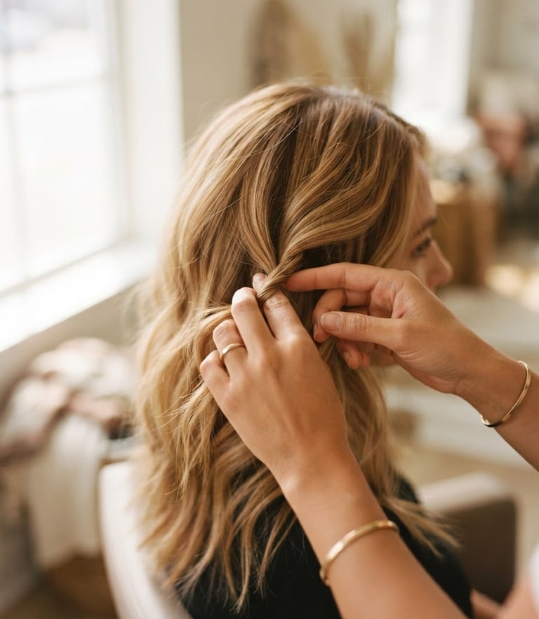 Close-up of hands gently styling warm-toned hair under soft natural window light, shallow depth of field, 35mm
