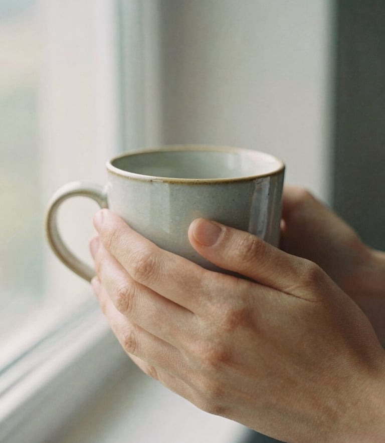 Close-up of hands holding a warm ceramic mug in soft morning window light, shallow depth of field, 35mm film look