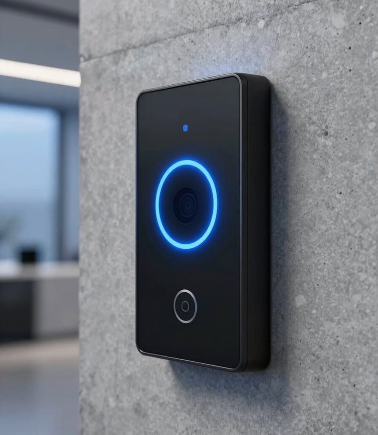 Extreme close-up of a sleek black wall-mounted touch panel in a minimalist concrete lobby, showing a secure access interface with a sharp electric blue LED indicator ring, premium corporate mood