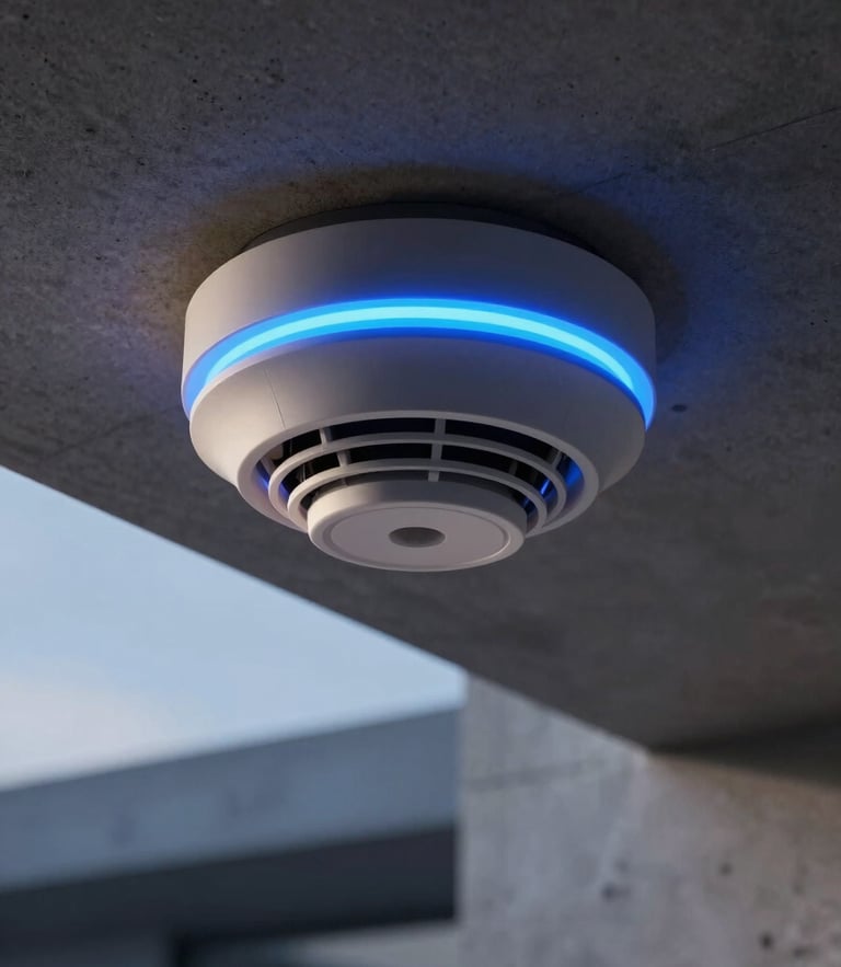 Extreme close-up of a high-end industrial smoke detector with a glowing blue LED ring, mounted on a dark concrete ceiling, architectural lighting