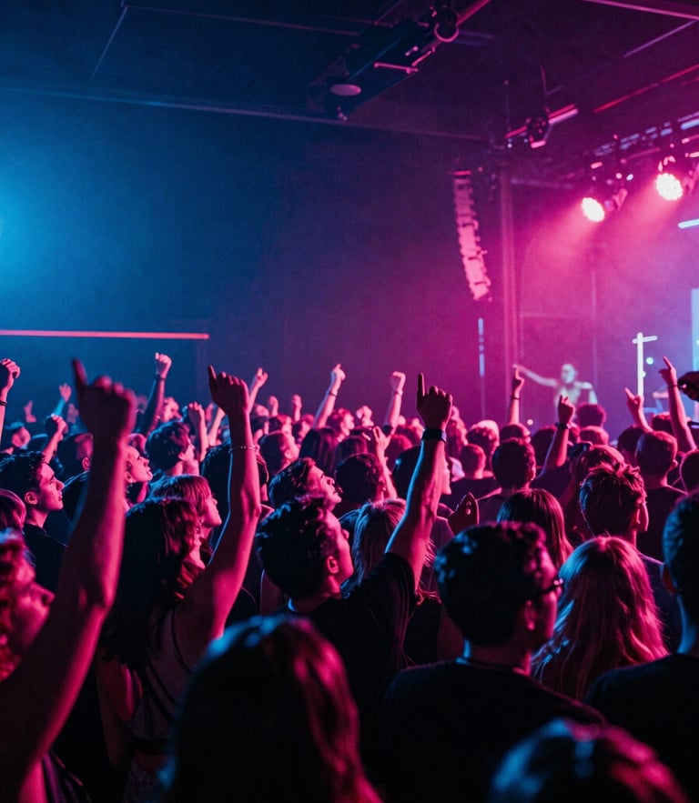 Dramatic wide-angle action shot of a live music concert crowd in motion, high-contrast stage lighting, neon blue and magenta ambient glow, 35mm