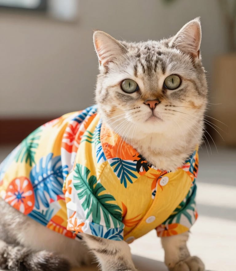Warm editorial portrait of a comfortable cat wearing a custom-tailored colorful tropical shirt, lounging in bright natural daylight, eye-level shot, 35mm lens.