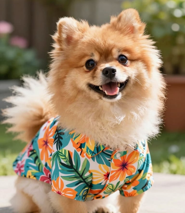 A happy fluffy Pomeranian dog wearing a colorful tropical floral shirt, looking directly at the camera with a joyful expression, bright warm daylight, outdoor garden background, shallow depth of field.