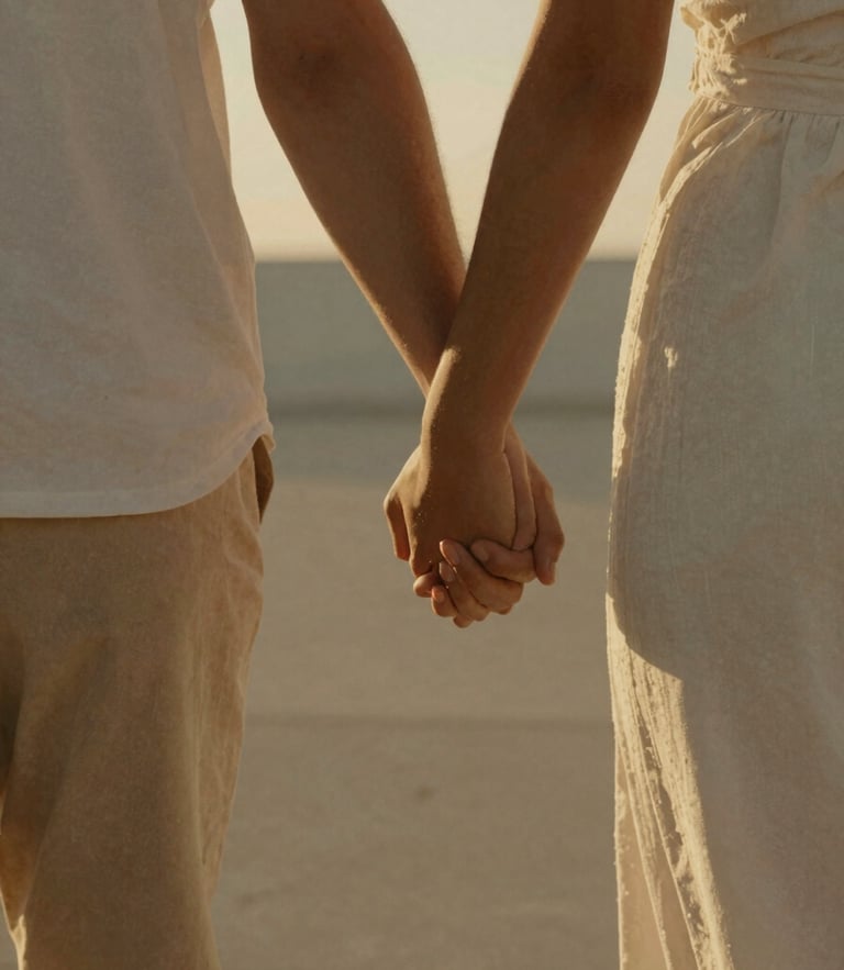 A candid close-up of a couple holding hands while walking through a sun-drenched minimalist venue, warm golden hour light, cinematic 35mm film grain.