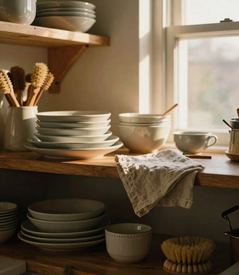 A beautifully organized, sunlit kitchen shelf with ceramic dishes, natural wooden brushes, and a linen cloth, soft golden-hour window light, warm editorial photography