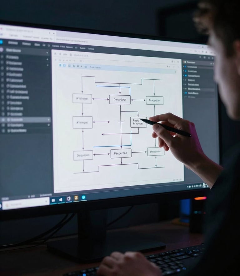 Close-up of a developer analyzing complex database schemas on an ultra-wide monitor, cool ambient neon glow, deep shadows, sleek tech photography