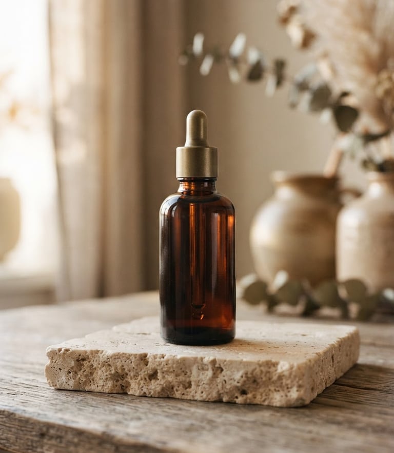 Warm editorial photography of a dark green glass RogCare bottle resting on a beige travertine stone block, soft morning window light, shallow depth of field, 35mm