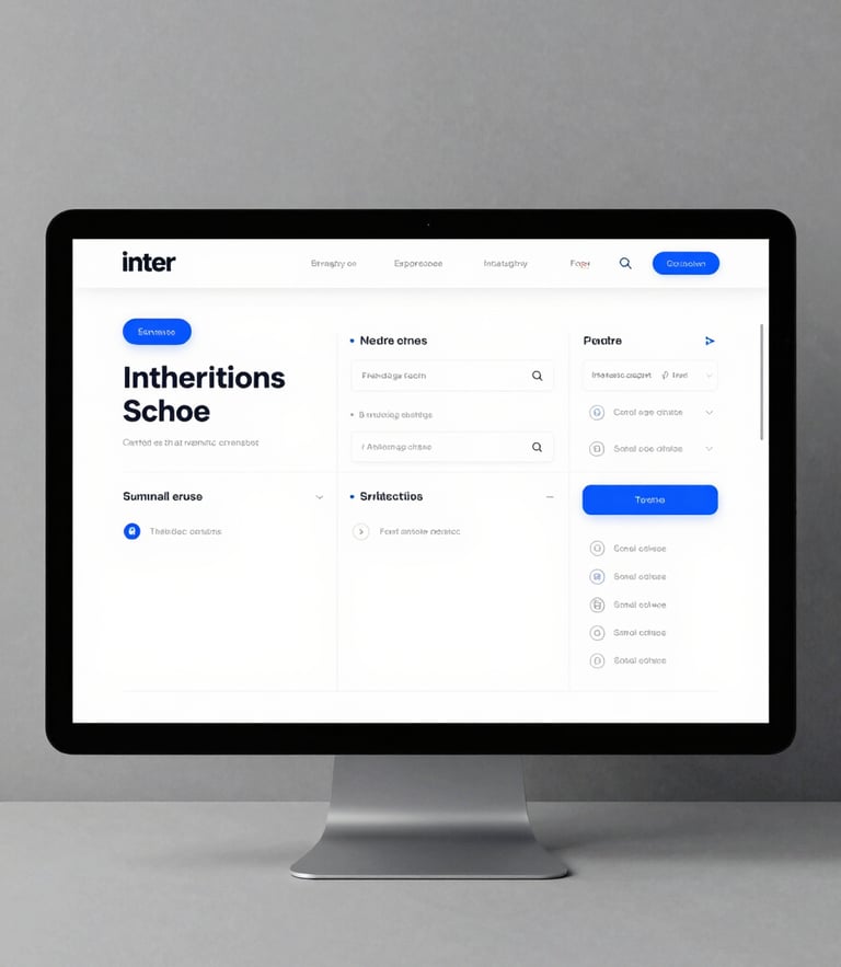 Straight-on flat-lay digital mockup of a modern school website dashboard, clean grid lines, Inter typography, electric blue accents, high-contrast studio lighting.