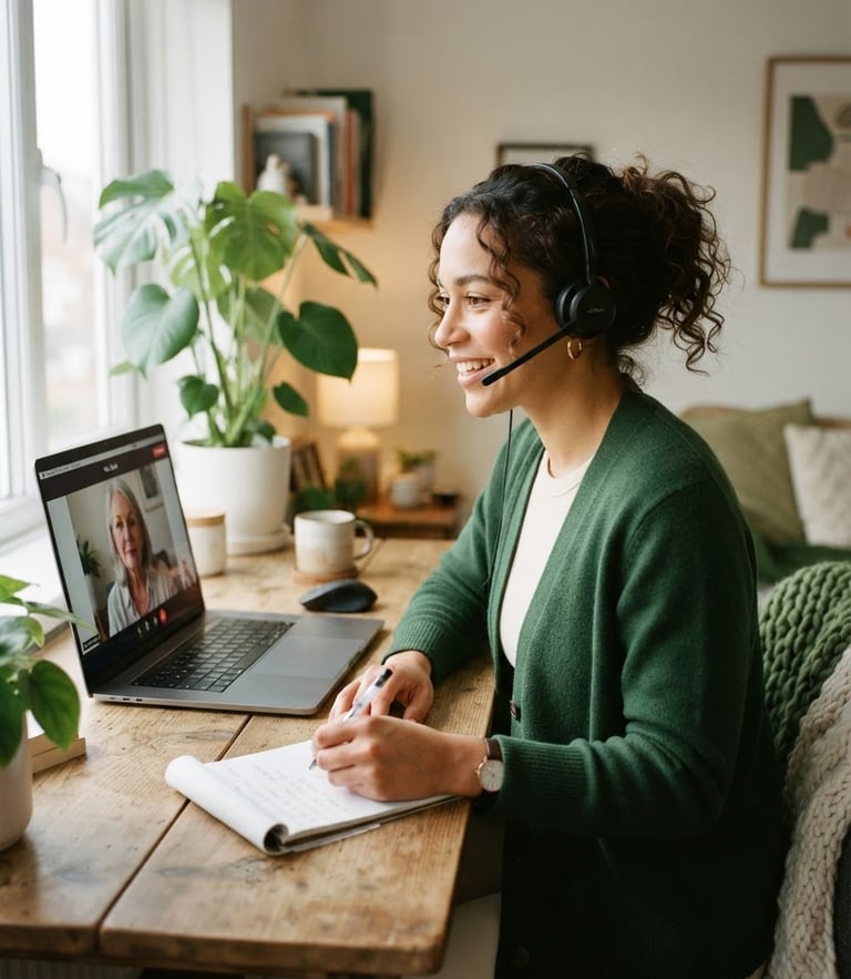 Editorial medium-close up of a professional remote healthcare assistant working in a bright, modern workspace with soft natural window light, warm green and cream tones, 35mm photography.